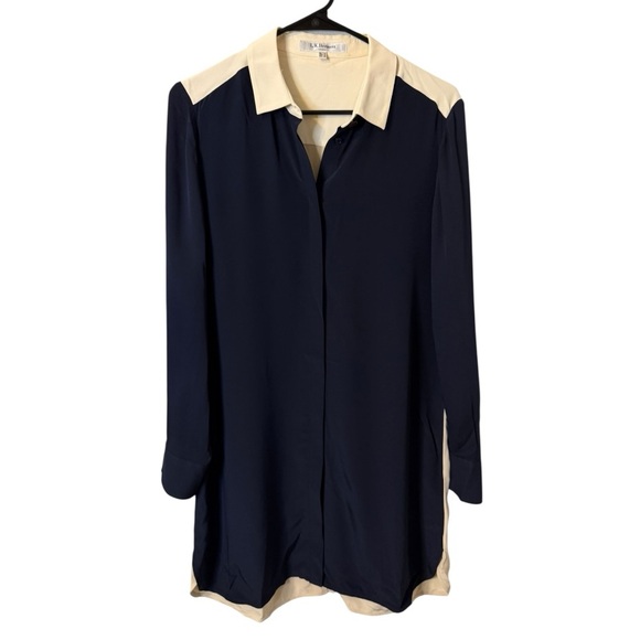 L.K. Bennett Silk Tunic Blouse Navy Ivory Colorblock Long Sleeve Size 6 - Picture 1 of 7